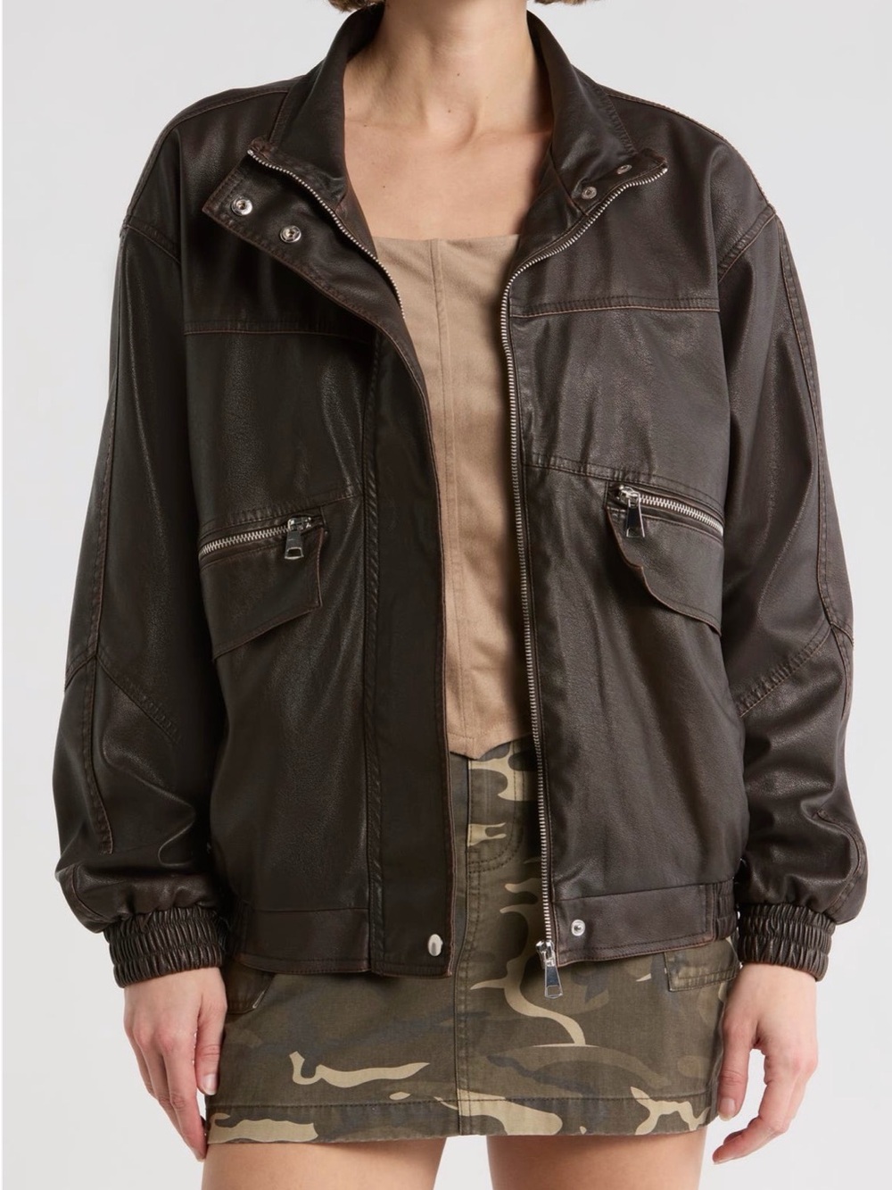 Women’s Vigoss Dark Brown Bomber Jacket - Casual Faux Leather-Style Coat